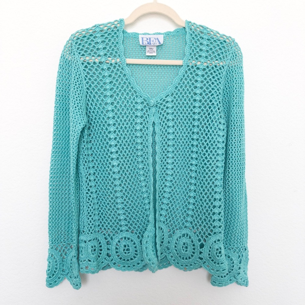 Vintage BFA Classics Womens Crochet Cardigan Size S Teal Open Knit Boho‎ Fairy